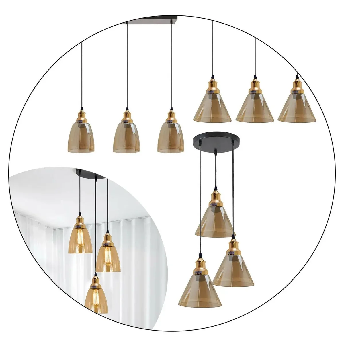 Industrial pendant light with three high‑clarity amber glass cone shades, mounted on a metal base with adjustable 95 cm cables