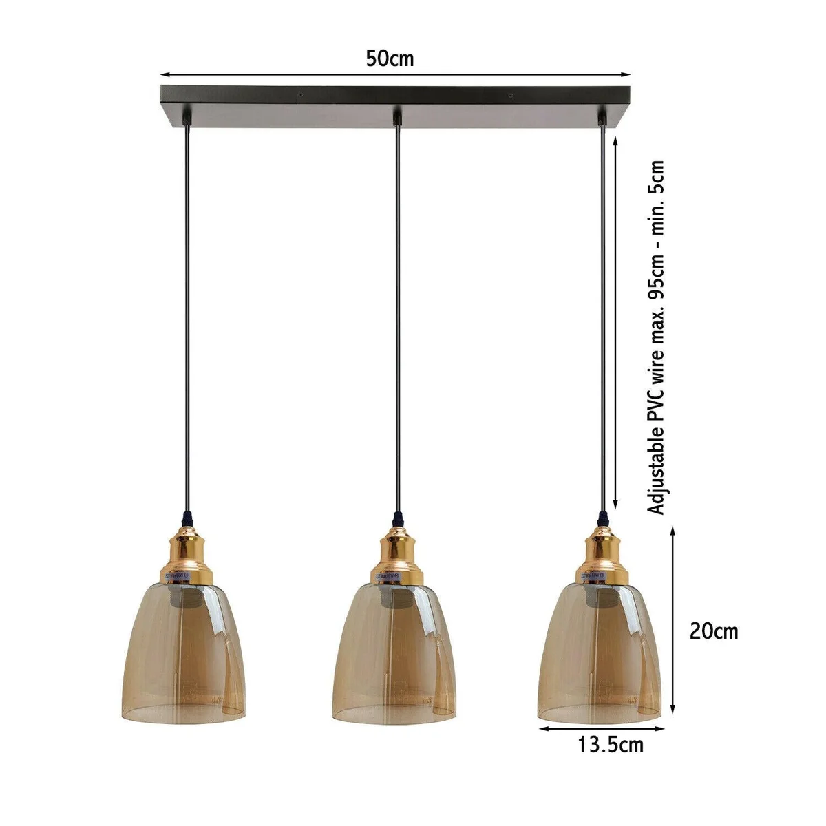 Three‑light industrial pendant light featuring high‑clarity amber glass shades, metal base, and adjustable 95 cm cables