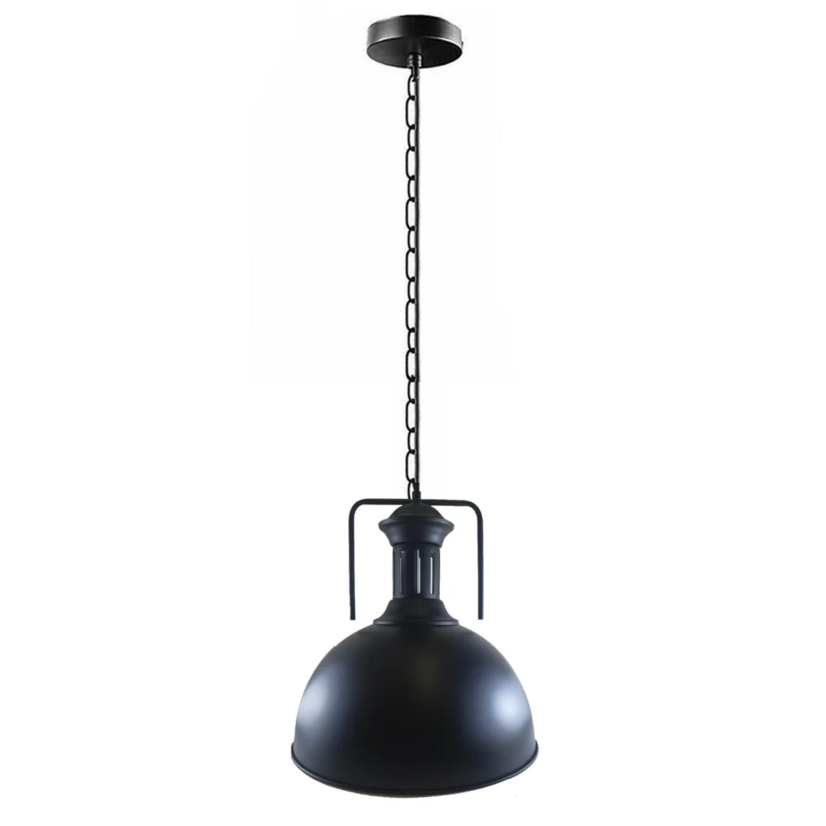 Industrial pendant ceiling light with metal dome shade, white interior, adjustable chain, antique paint finish.