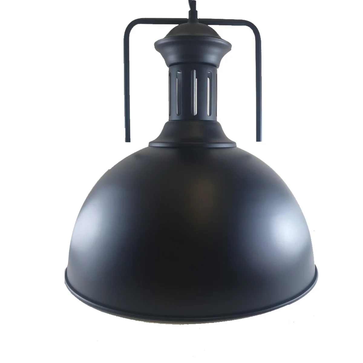 Black metal pendant light with white dome shade, adjustable chain, steel construction, E27 holder, barn style fixture.