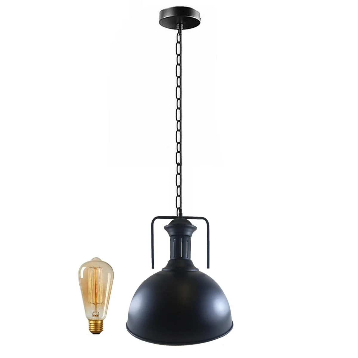 Barn style pendant light with metal dome shade, white inner shade, adjustable chain, E27 holder.