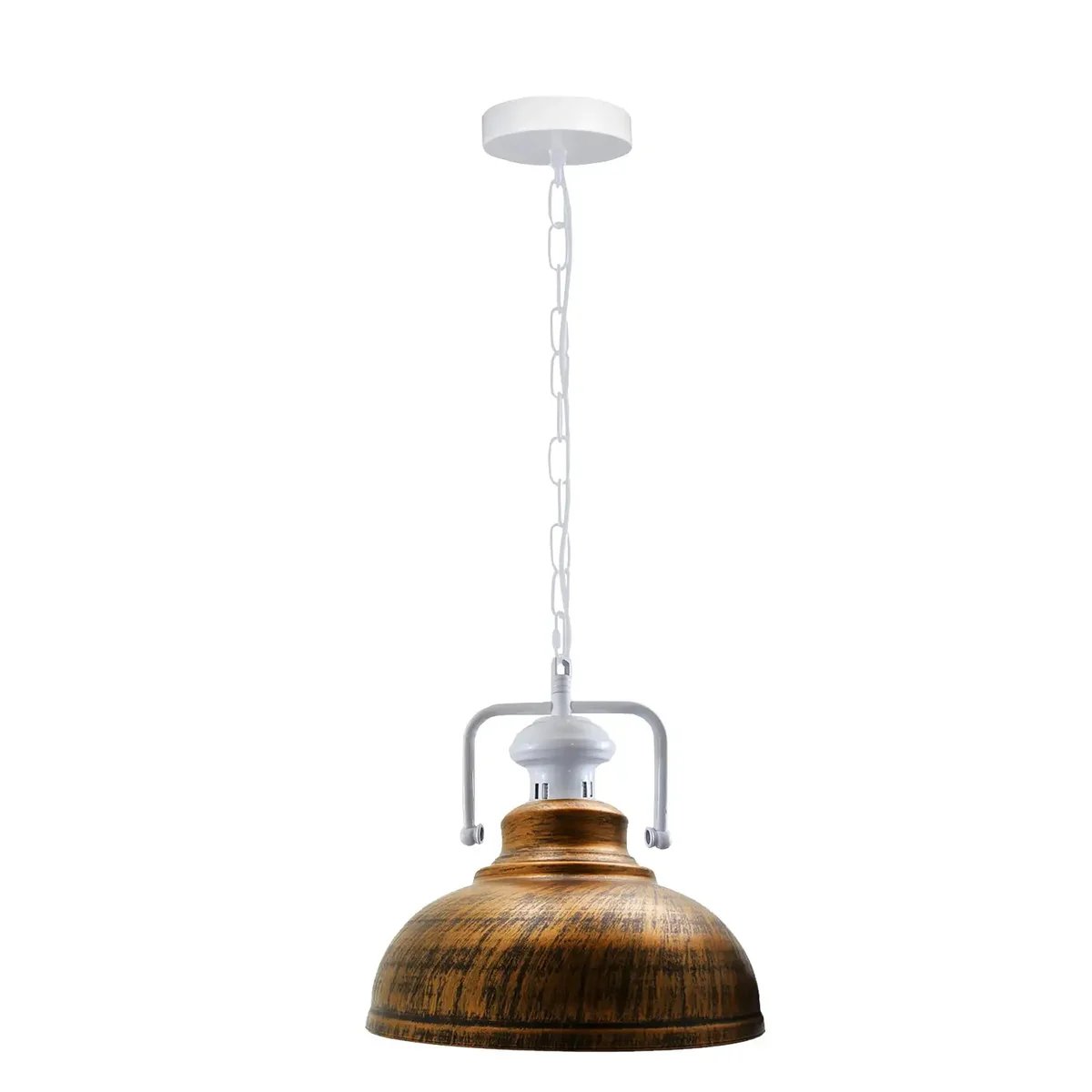 Industrial pendant ceiling light with metal dome shade, white inner shade, adjustable chain, E27 holder, classic barn style
