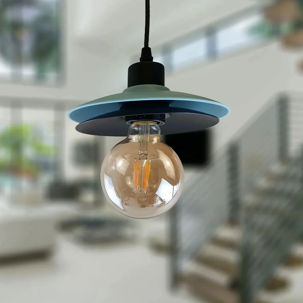 Modern pendant light with black metal cage 100mm diameter, 20mm height, 95cm cord, single E27 base, vintage industrial style