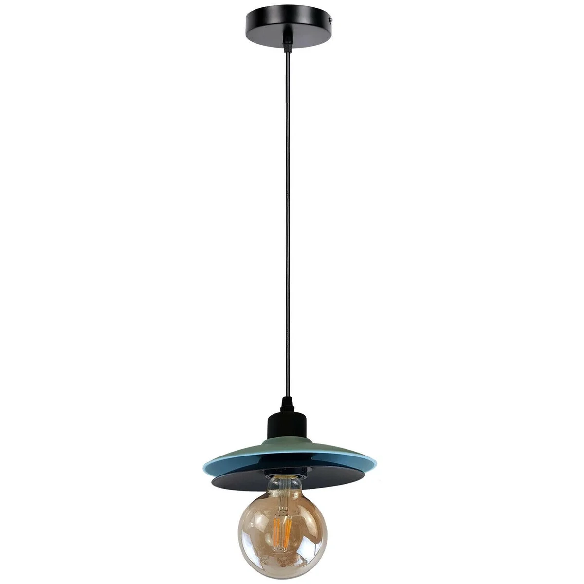 Black metal industrial pendant lamp with 100mm diameter cage, 20mm height, 95cm hanging cable, modern vintage style.