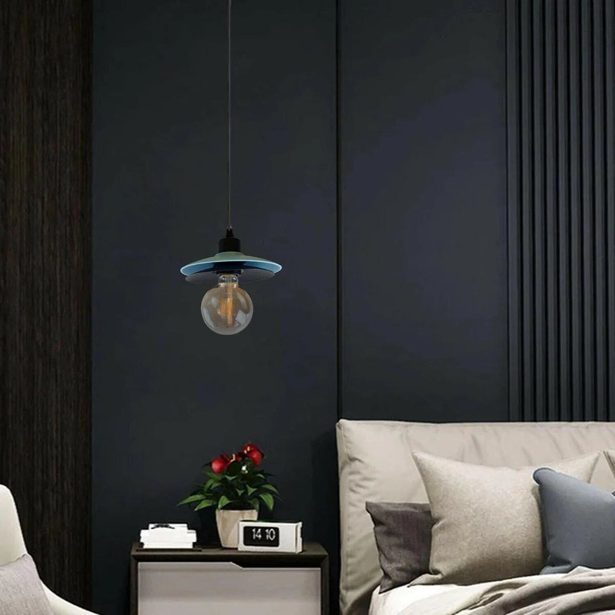 vintage style ceiling light with black metal cage, blue E27 bulb, 100mm diameter, 95cm cord.
