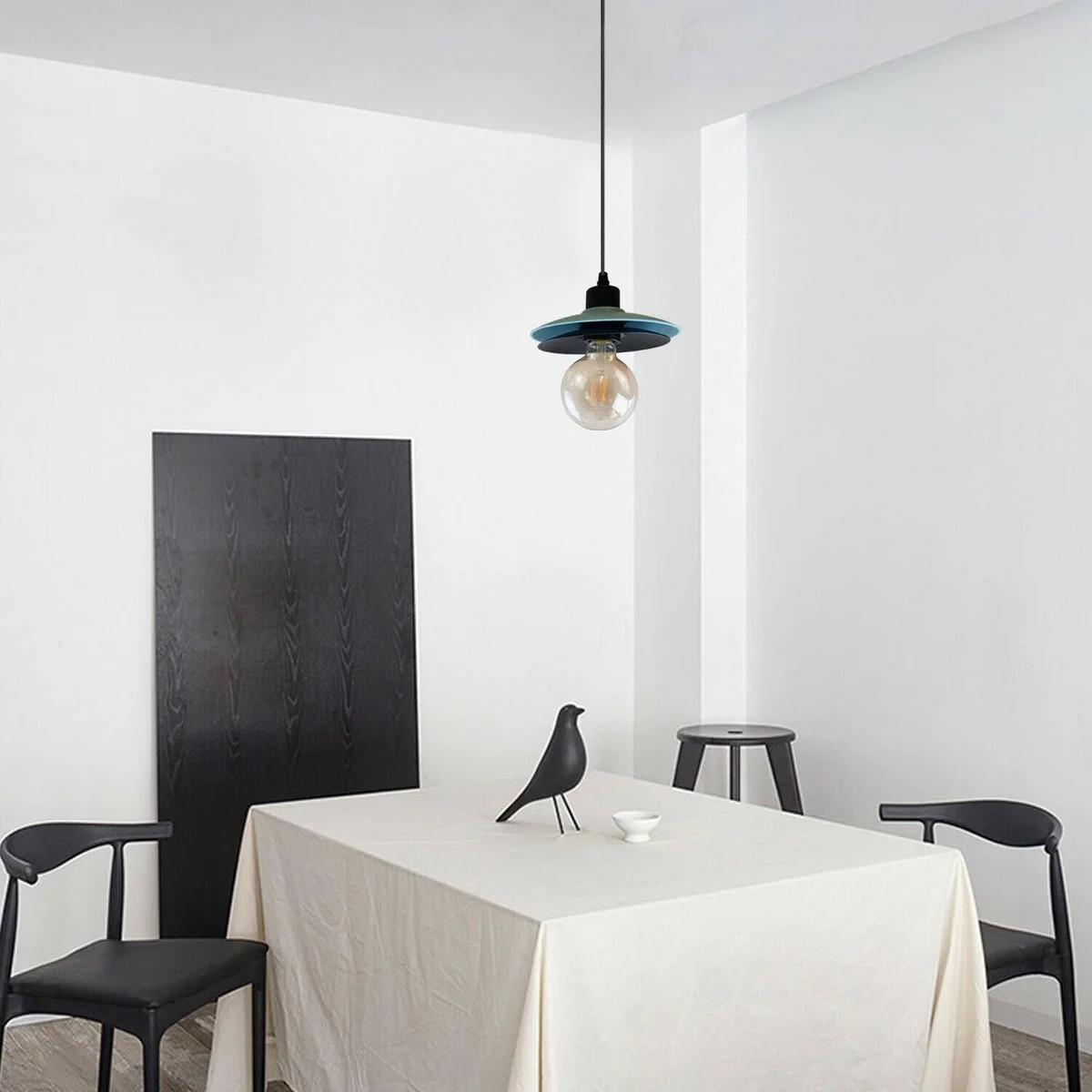Black two‑layer pendant light with metal cage, blue E27 shade, 95cm cord, a cafe pendant light for modern interiors