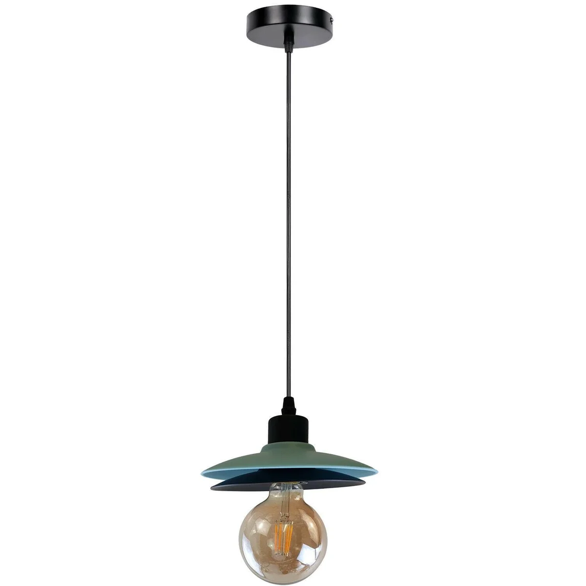 Modern pendant light with black metal cage shade, 100mm diameter, 20mm height, 95cm cord hanging from ceiling