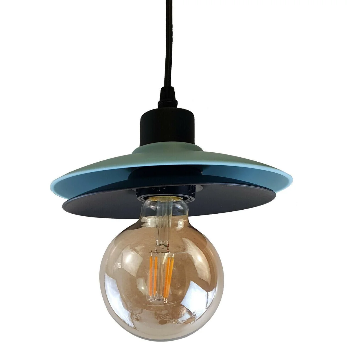 Black and blue metal pendant cage with two-layer shade, shown hanging from ceiling, projecting modern pendant light design.