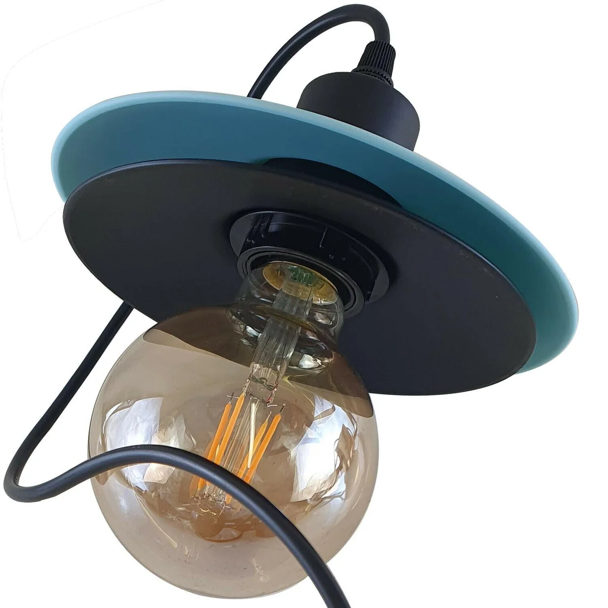 Modern pendant light with black metal cage and blue shade, two‑layer design, E27 socket.