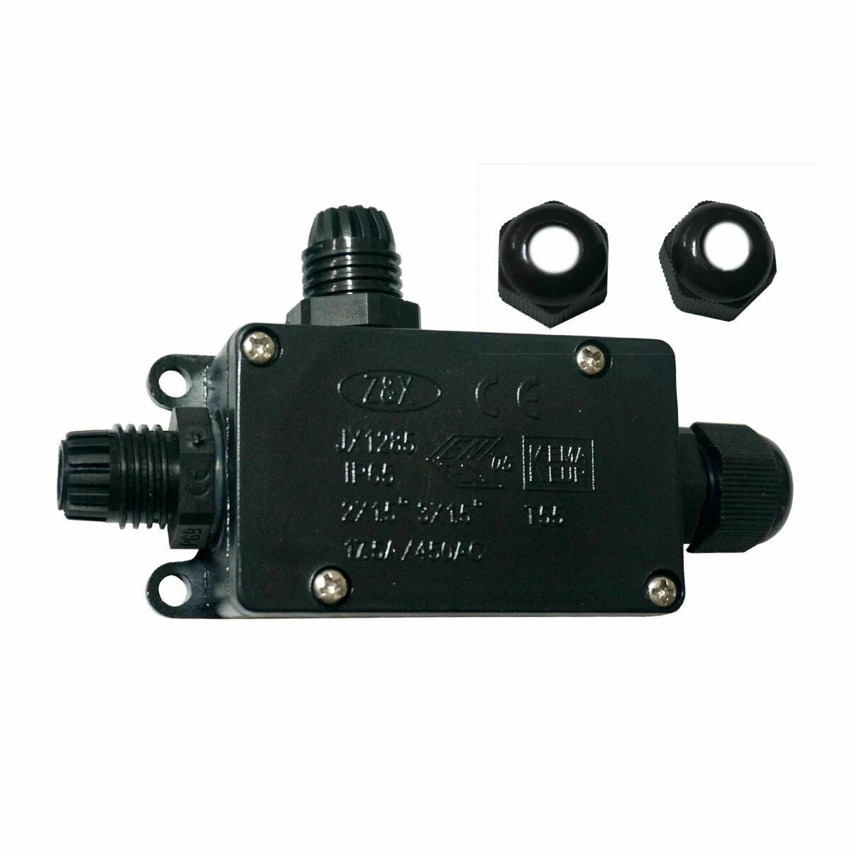 Black waterproof junction box with screw‑fixed terminals, labelled L20, suitable for outdoor LED lamps.