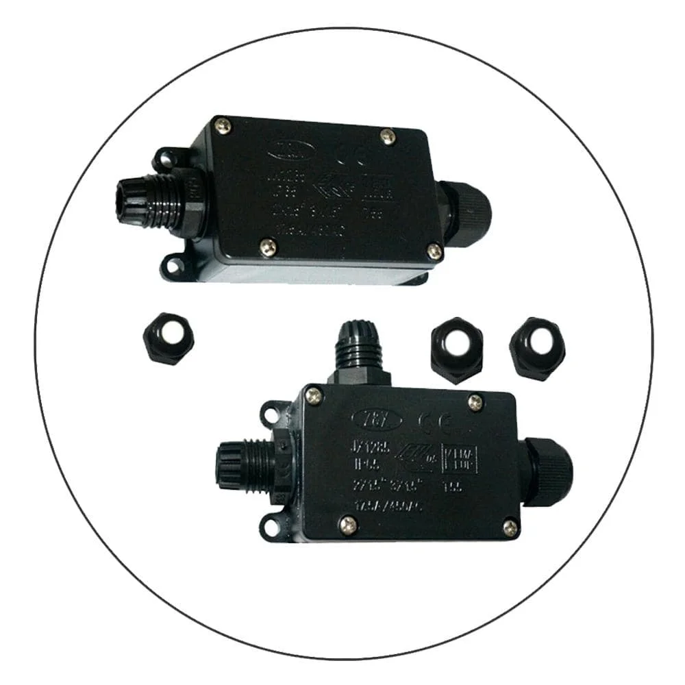 Black IP66 cable connector with screw-fixed mounting and exposed 2/3 way plastic terminal strip