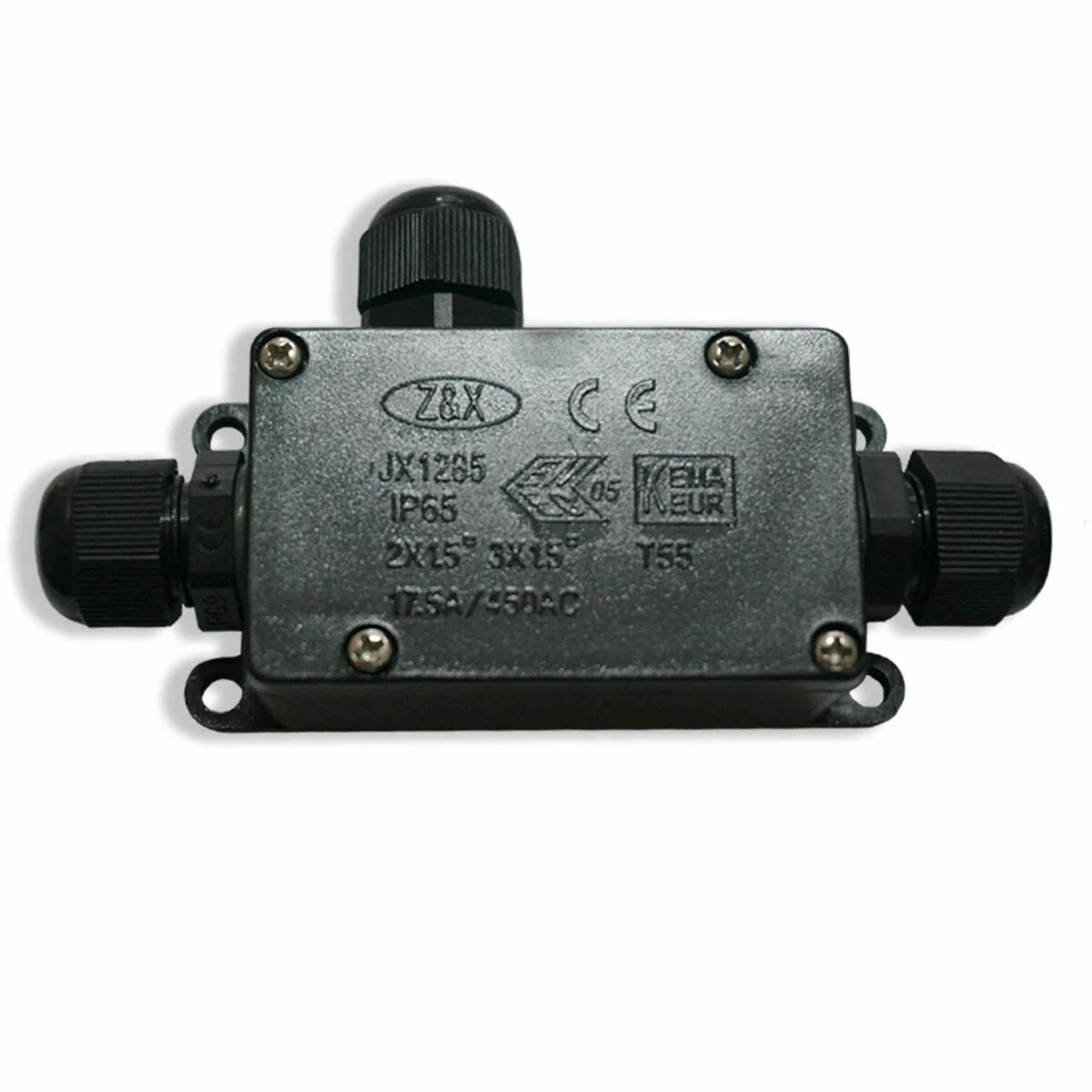 Black waterproof junction box connector with screw‑fixed screw terminals, suited for outdoor cable protection.
