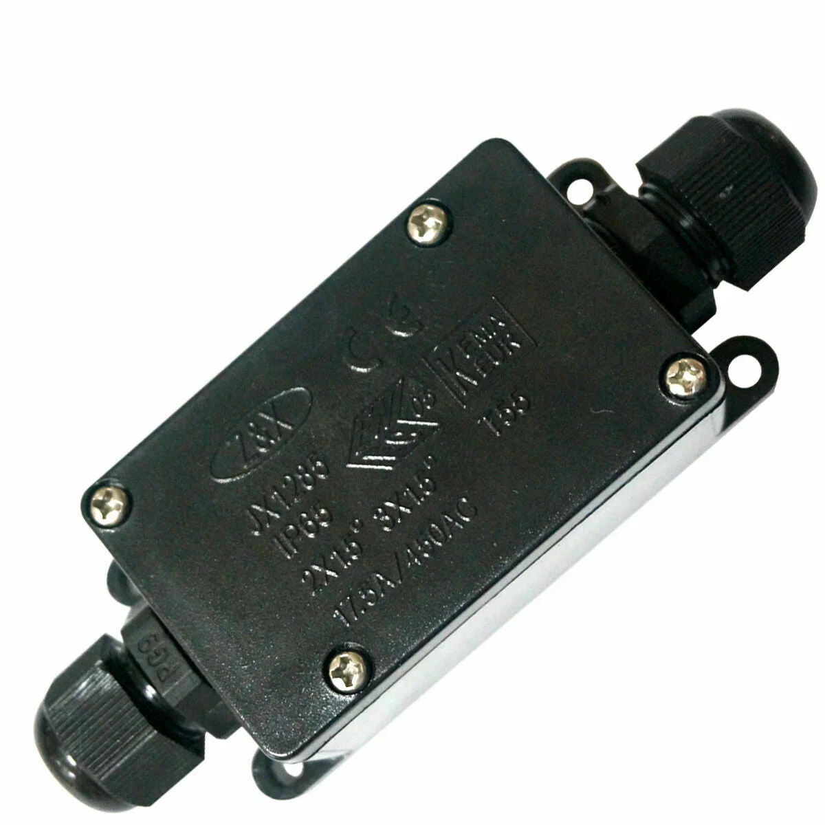 Black screw‑fixed waterproof cable connector with terminal strip, shown close‑up on its durable bright PA/PC body.
