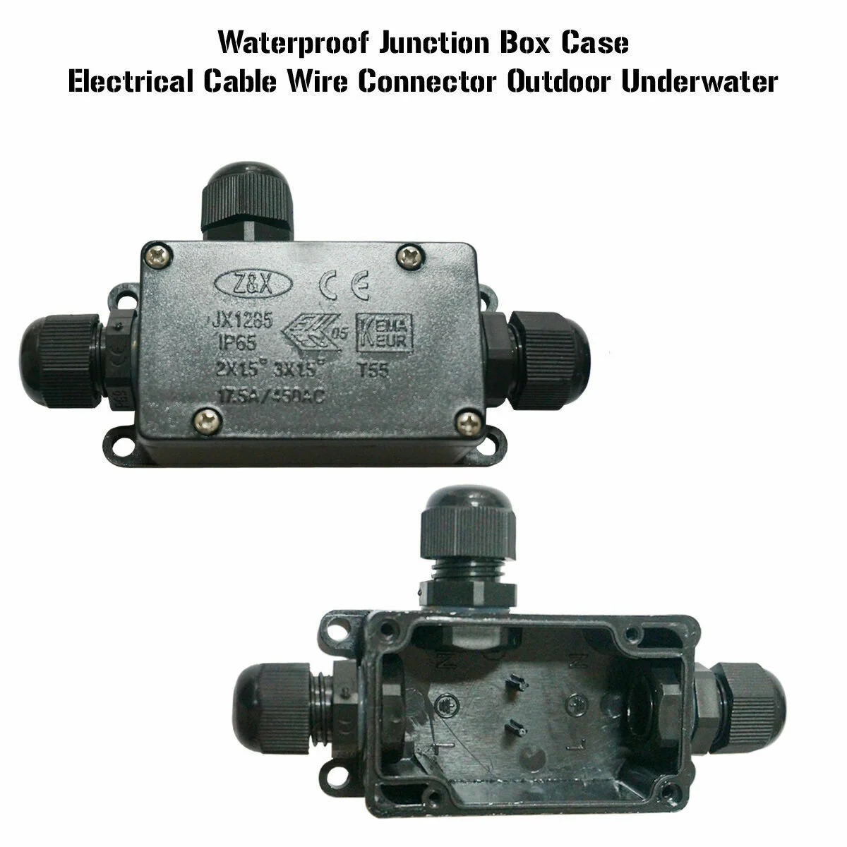 Black waterproof junction box connector, IP66 rated, screw‑fixed, designed for 4–8mm cables, used outdoors