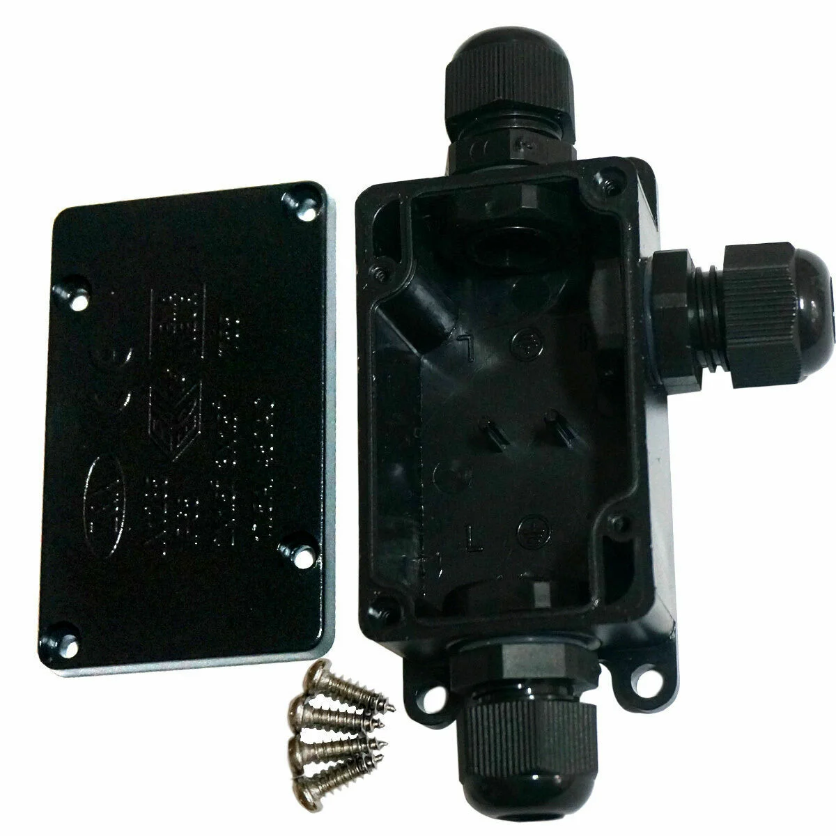 Black IP66 waterproof outdoor wiring connector with screw‑fixed terminal strip, removable plastic housing and cable inlet.