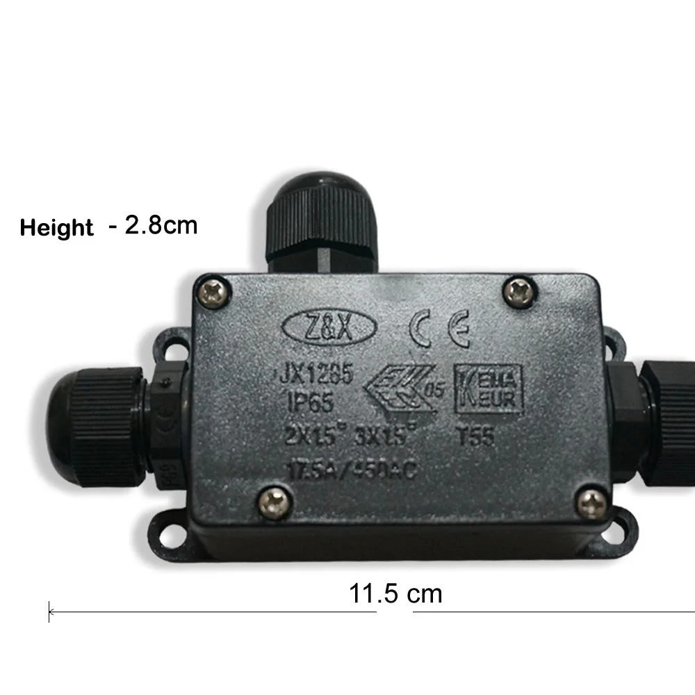 Black waterproof junction box with screw‑fixed cable connector, IP66 rated, suitable for outdoor LED lamp connections.