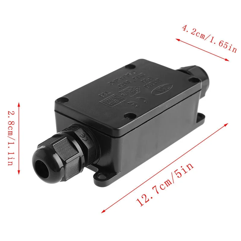 Black waterproof junction box with screw‑fixed connector, IP66 rated, dimensions suitable for 4‑8 mm cables, used outdoors