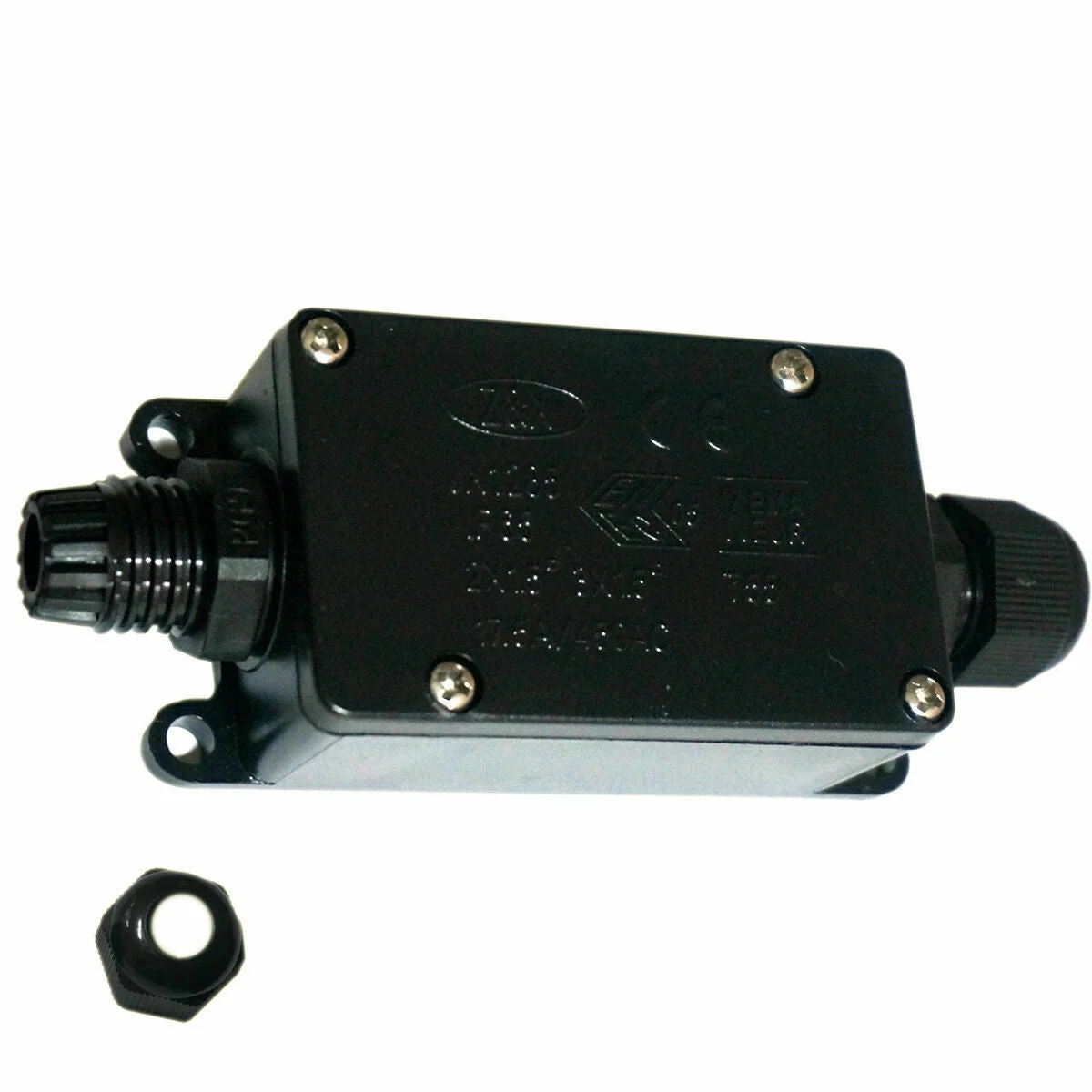 Black waterproof junction box with 2/3 way plastic terminal strip, IP66 rating, ready for outdoor lamp wiring.