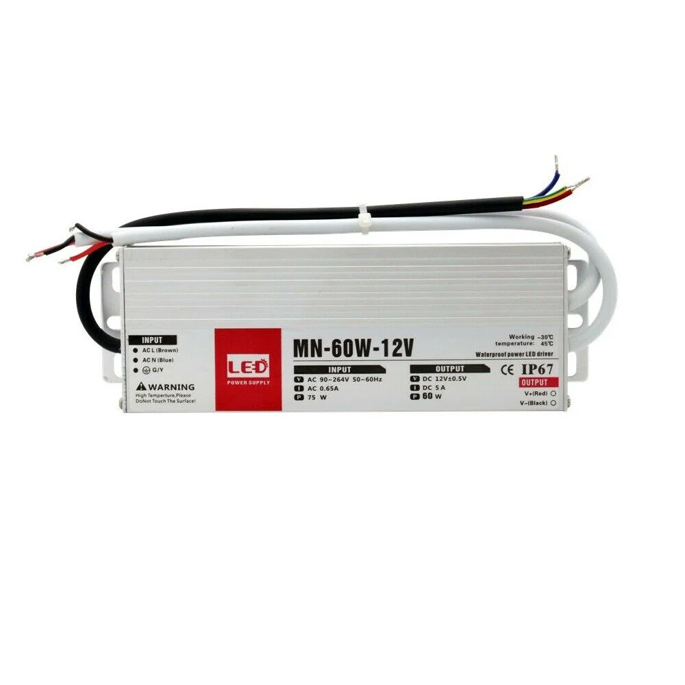 Compact 12V LED power supply, 60W, IP67 waterproof, aluminium alloy casing with rubber‑sealed cables
