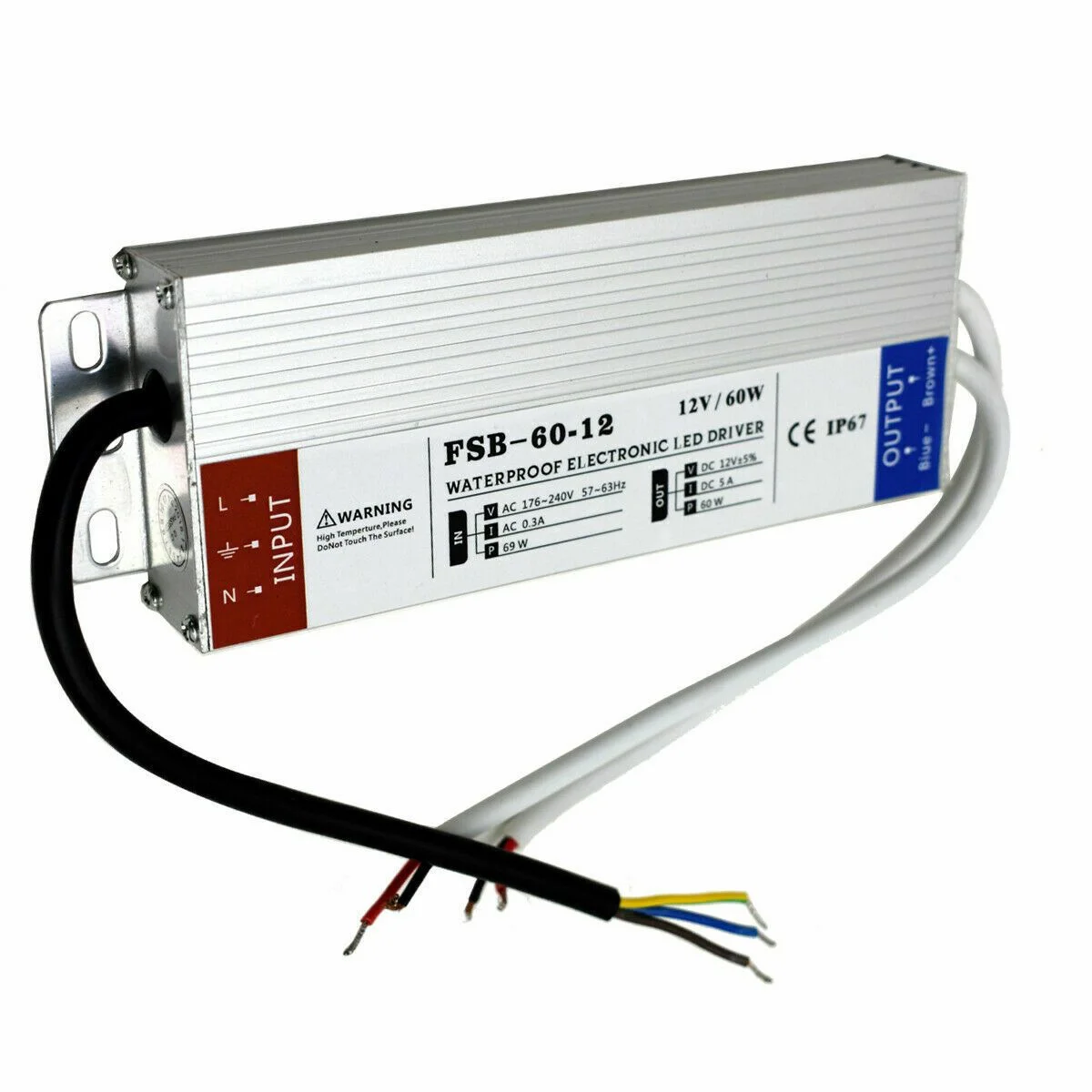 Slim aluminium LED driver with rubber‑sealed housing, IP67 waterproof LED driver showing 60W power rating