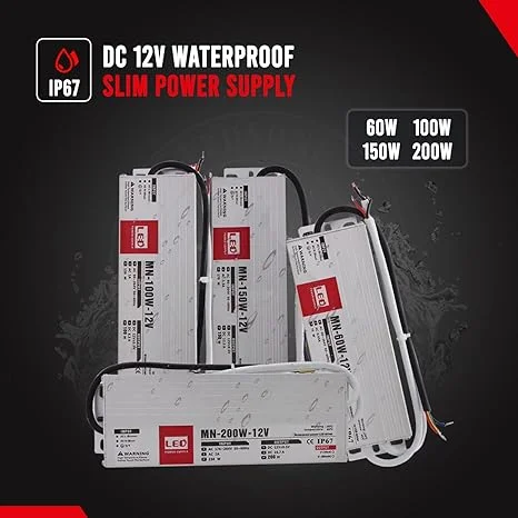 60W LED transformer in slim line aluminium alloy case, 2‑way output, IP67 waterproof.
