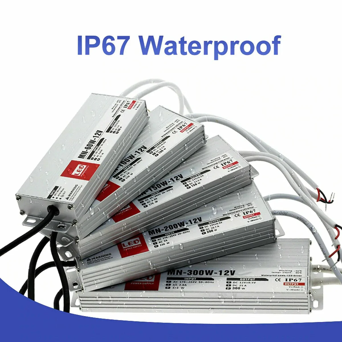 Slim aluminium cabinet of a 12V LED power supply, black exterior with IP67 label, 60W, rubber‑sealed cable integrated.