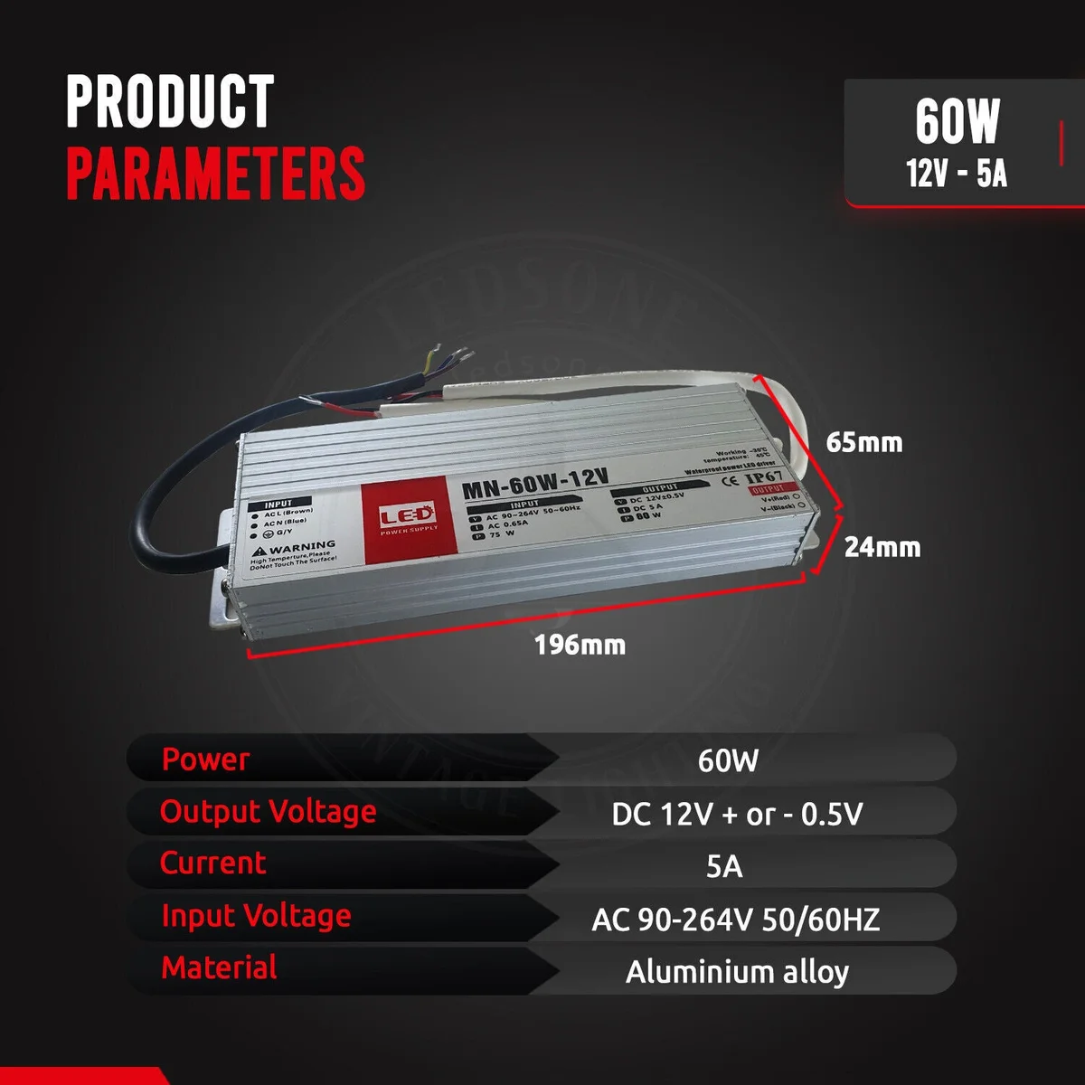 12V LED power supply: slim aluminium case with IP67 seal and cable, labelled 60W.