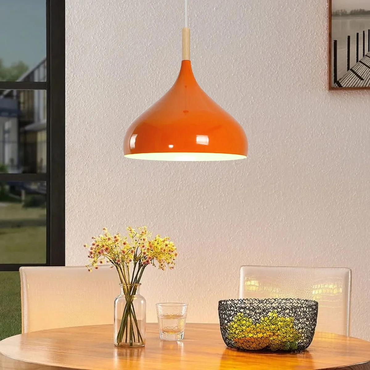 Orange pendant light with black iron frame suspended from a ceiling rose, 95cm cable, single E27 bulb holder