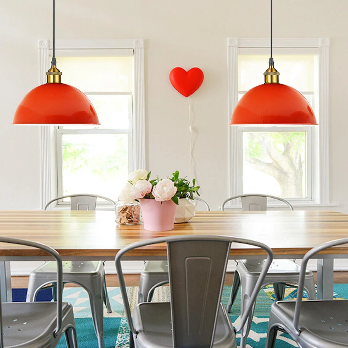 Orange industrial pendant lighting shade with black iron frame, white interior, single E27 holder, 10 cm ceiling rose, 95 cm cable.