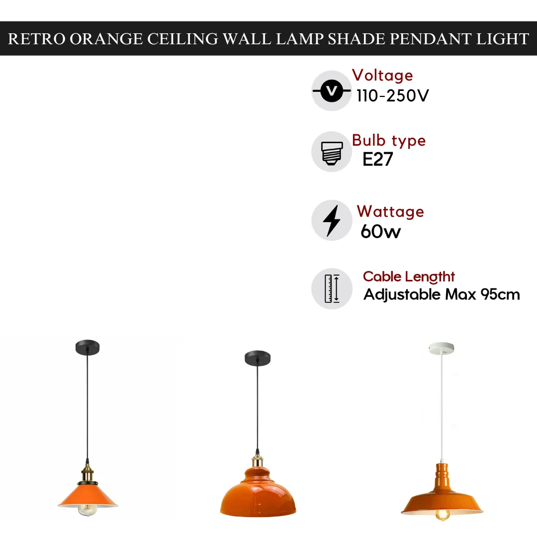 Retro orange ceiling pendant light with black iron frame, orange and white shade, E27 holder and 95cm cable