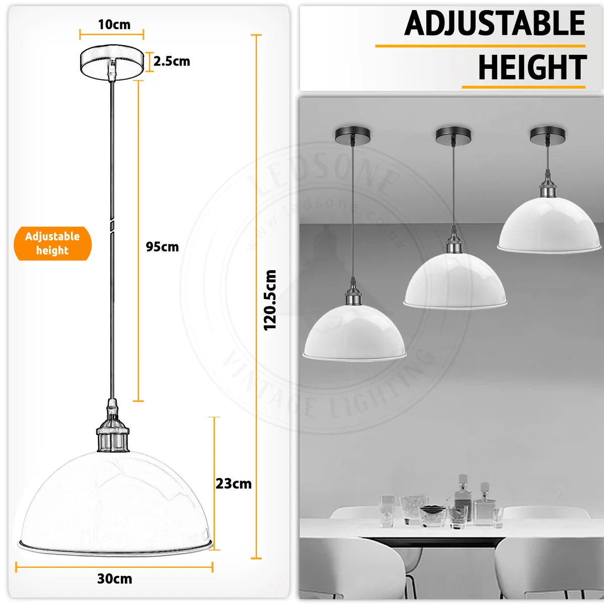 Retro ceiling pendant light with black iron frame and orange lamp shade, hanging with 95cm cable from ceiling rose