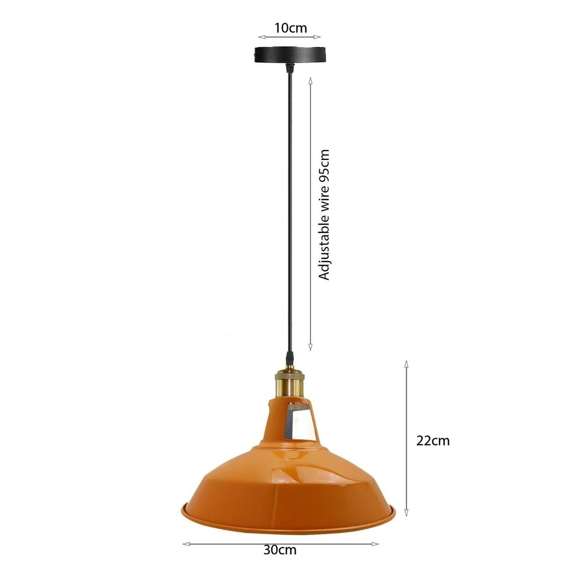 Retro ceiling pendant light with orange and white metal shade, iron frame and 10cm ceiling rose, black finish.