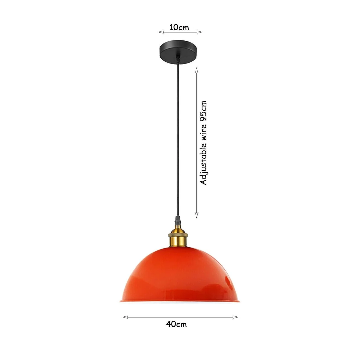 Retro orange ceiling pendant light with black iron frame, orange shade and cable, hanging in a modern loft.