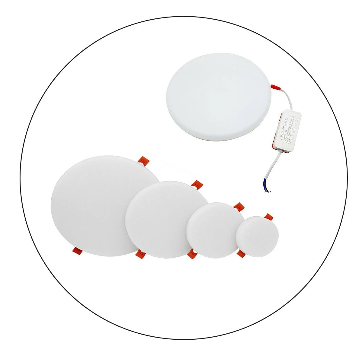 White LED round downlight panel with aluminium housing, acrylic cover, and spring clips for recessed ceiling installation.