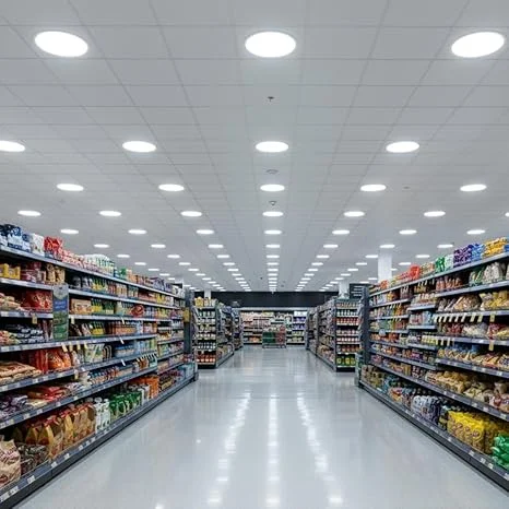 White round recessed ceiling downlight panel with spring‑clip mounting, emitting cool white LED light