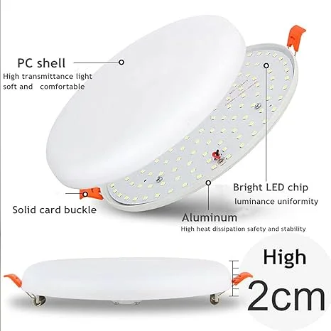 LED recessed ceiling light panel in white, round design with spring-clip mounting showing cool white illumination.