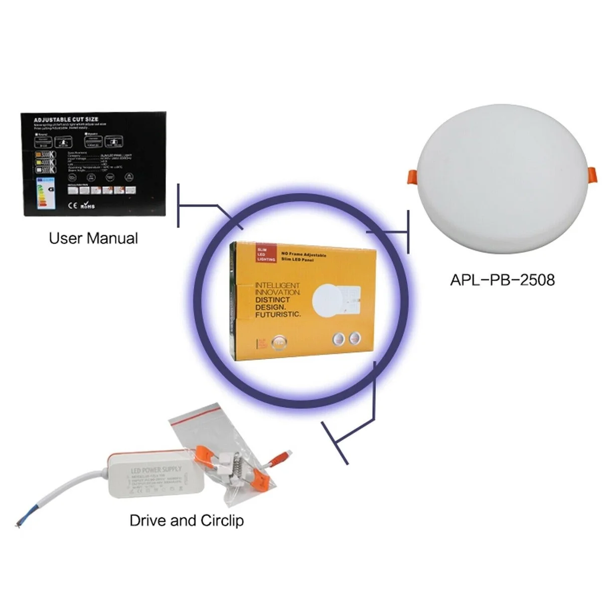 White LED recessed ceiling light panel with aluminium body and 120° beam, sleek cylindrical design for kitchens and bathrooms.