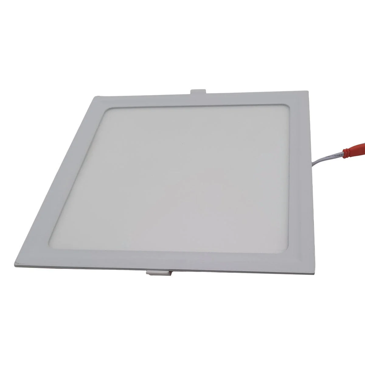 Square recessed LED ceiling light in cool white, aluminium panel with acrylic cover, shown in modern bathroom.