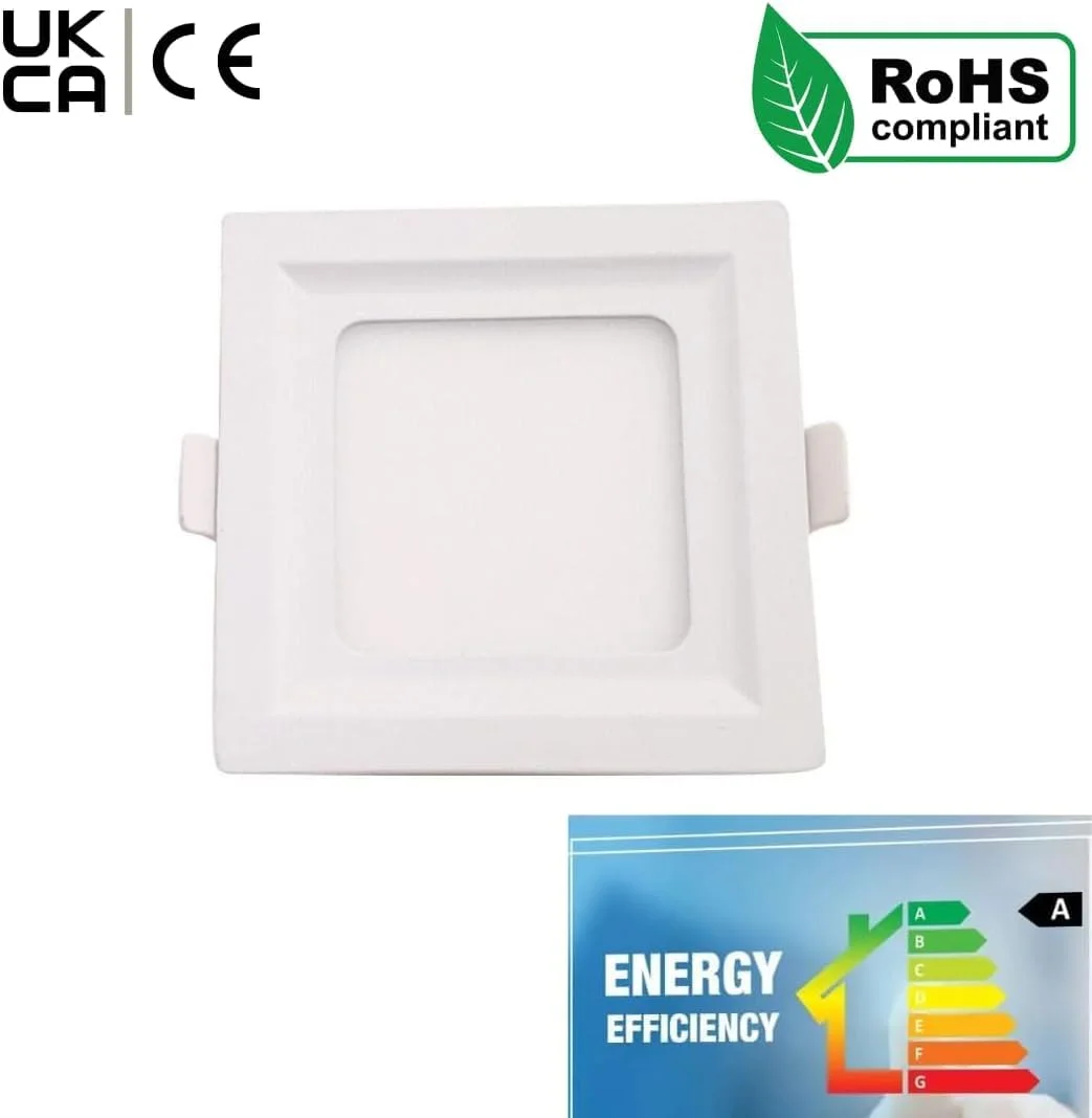 Waterproof bathroom light in slim square LED panel with 5W power, 550 lumens, 6000K cool white, IP65 rating.