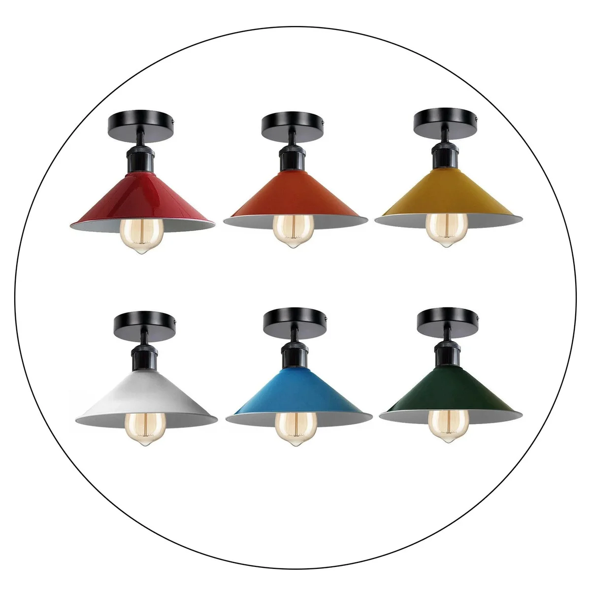 Metal pendant ceiling light with white metal cone shade and black shiny holder, suitable for low‑ceiling rooms.