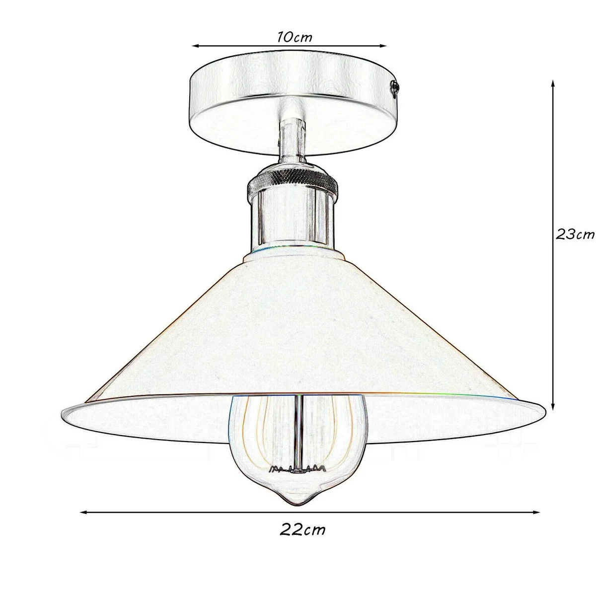 White metal cone industrial ceiling light with black shiny mounting, compact semi‑flush design for low ceilings.