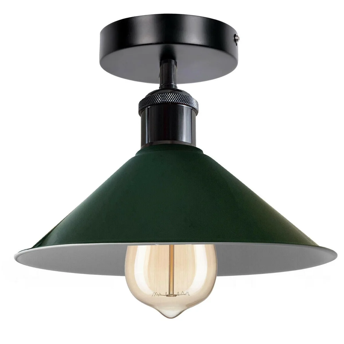 White metal cone pendant ceiling light with shaded cone, E27 bulb compatible, suitable for low ceilings.