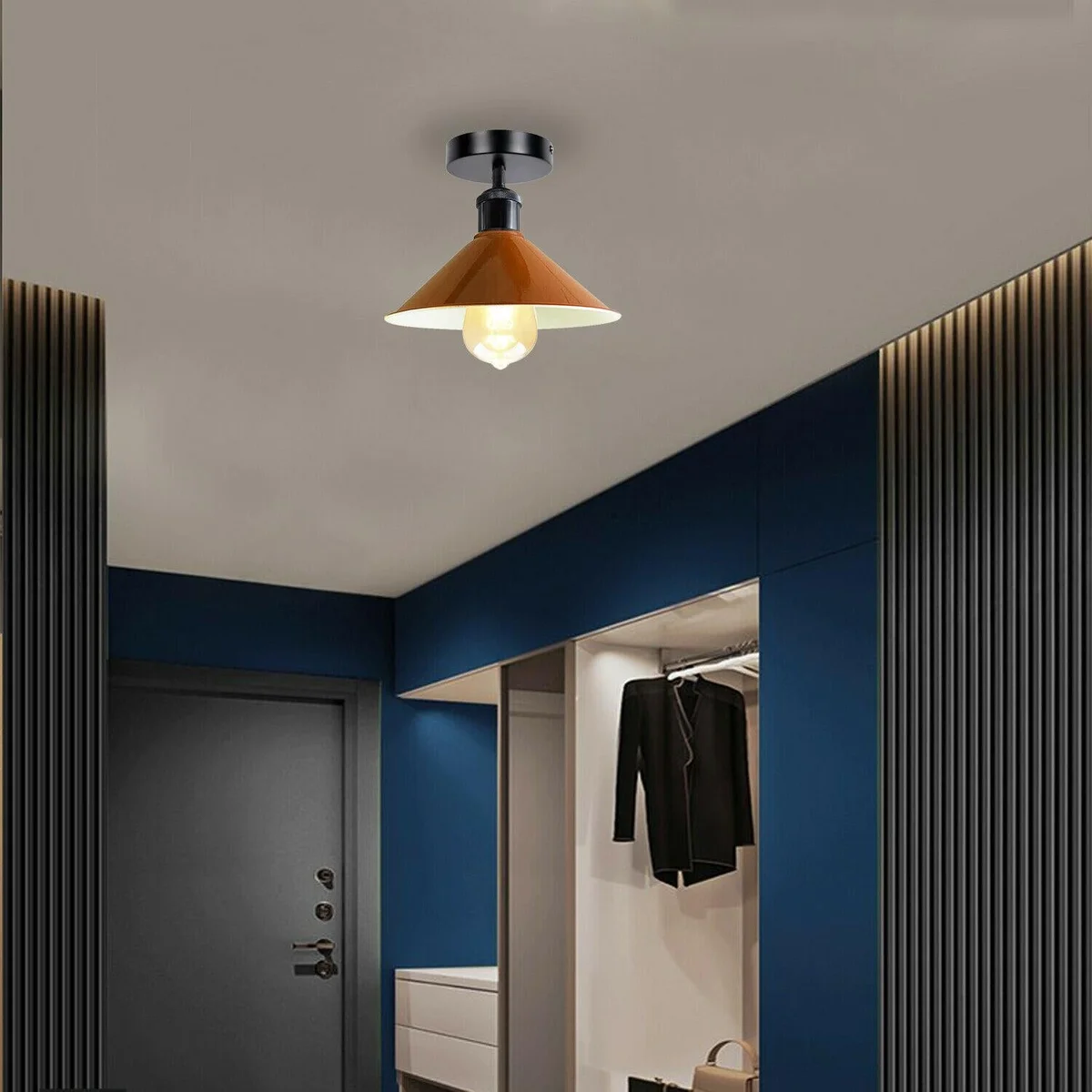 Metal cone shade blue vintage style ceiling light on shiny black holder with black ceiling rose