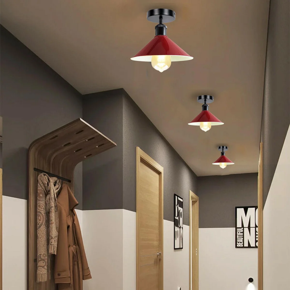 Metal pendant ceiling light with conical white shade, black shiny metal structure, small round ceiling rose.