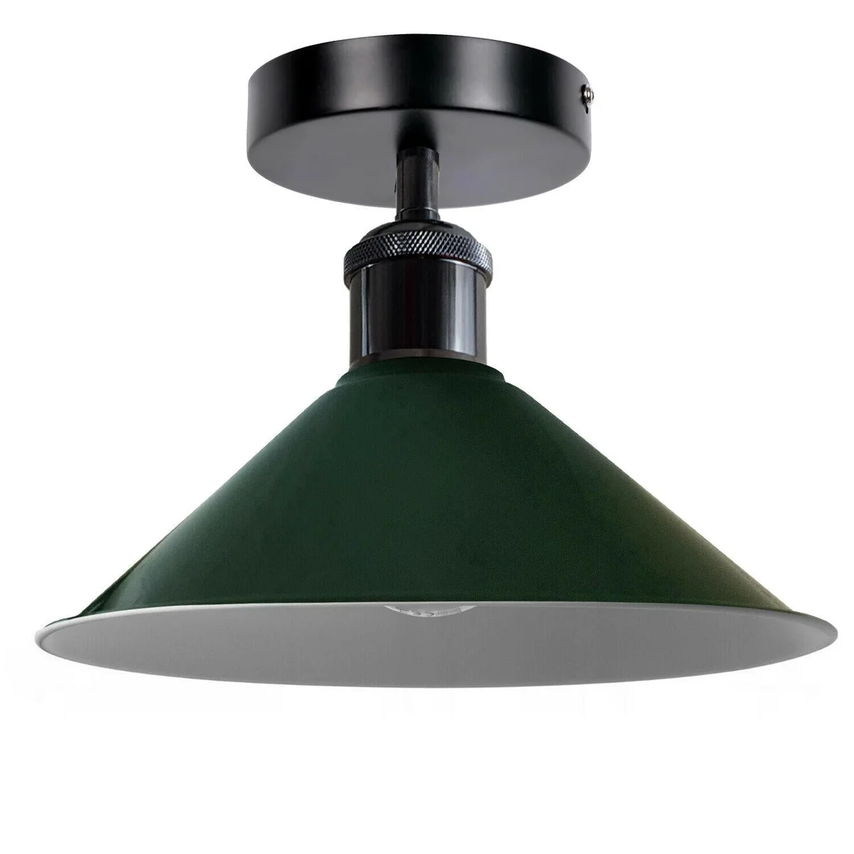 Semi flush mount metal pendant ceiling light with white cone shade and shiny black mounting.