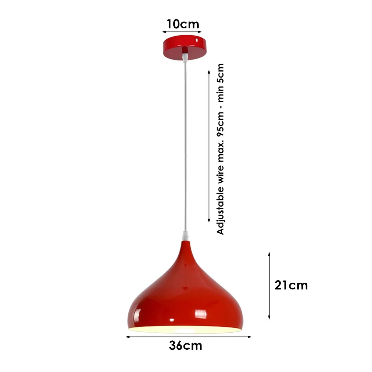 Metal pendant light with a red hood, hanging from a ceiling, features a PVC wire and E27 socket