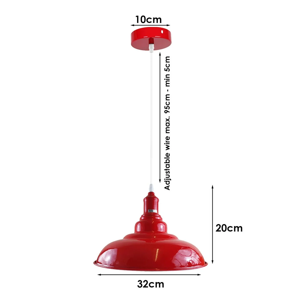 E27 bulb pendant with red metal hood and adjustable angle, 95cm wire, suitable for kitchen island ceilings.