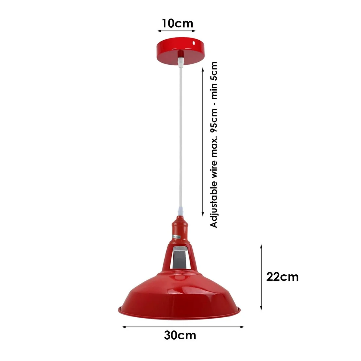 Adjustable ceiling light with red metal hood, PVC base, 95cm clear wire, angled for sloped ceilings