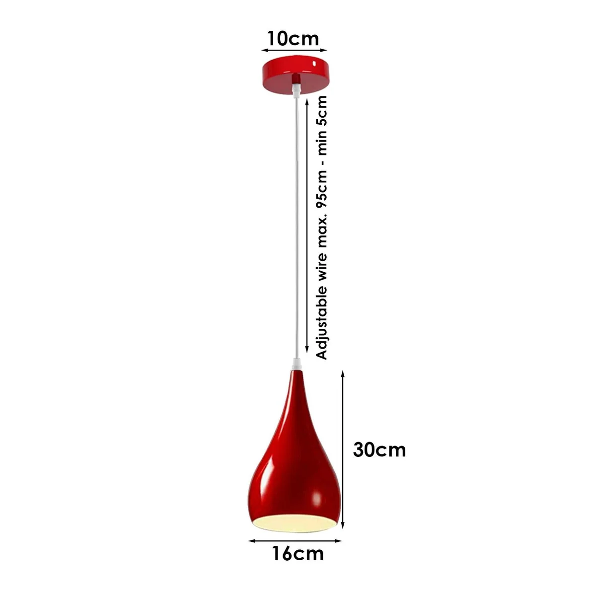 Red finish pendant light with angled metal base, PVC wire, 100 mm metal lampshade, suspended from 95 cm cord