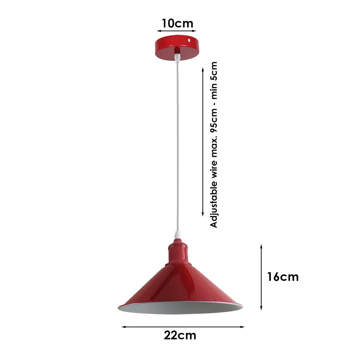 Red ceiling pendant light with angled metal base and PVC hood, hanging 95 cm from a sloped kitchen island.